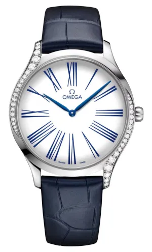 Omega De Ville Trésor Stainless Steel White Dial Blue Leather Strap Diamonds Quartz Womens Watch 428.18.39.60.04.001