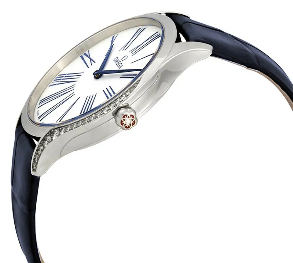 Omega De Ville Trésor Stainless Steel White Dial Blue Leather Strap Diamonds Quartz Womens Watch 428.18.39.60.04.001