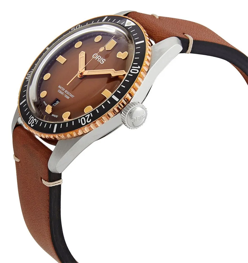 Oris Divers Sixty-Five Automatic Bronze Brown Dial Brown Leather Strap Date Mens Watch 733 7707 4356-07 5 20 45
