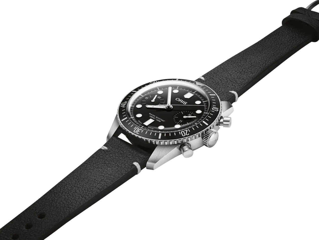 Oris Divers Sixty-Five Automatic Chronograph Stainless Steel Black Dial Black Leather Strap Mens Watch 771 7791 4054-LS