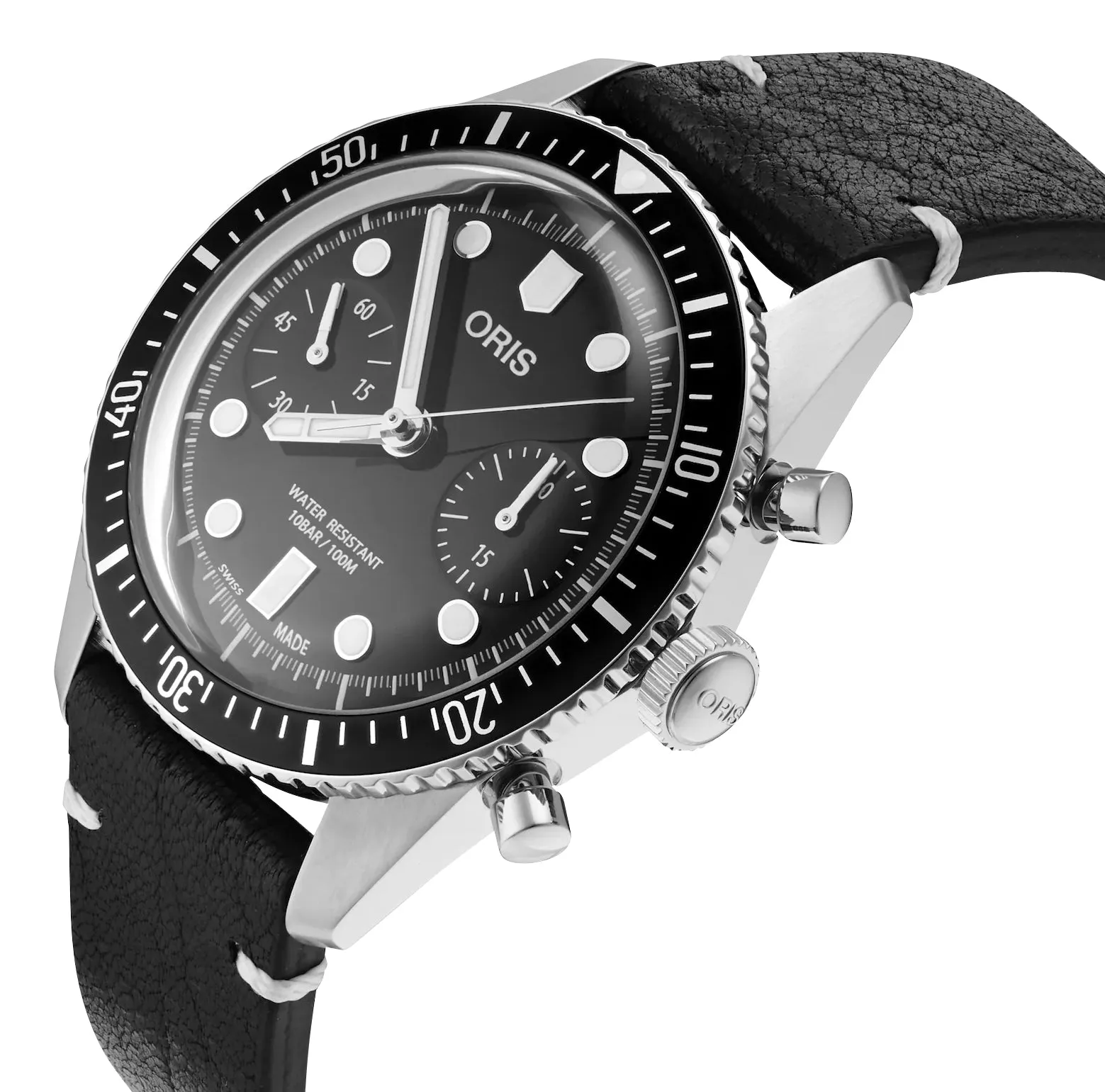 Oris Divers Sixty-Five Automatic Chronograph Stainless Steel Black Dial Black Leather Strap Mens Watch 771 7791 4054-LS