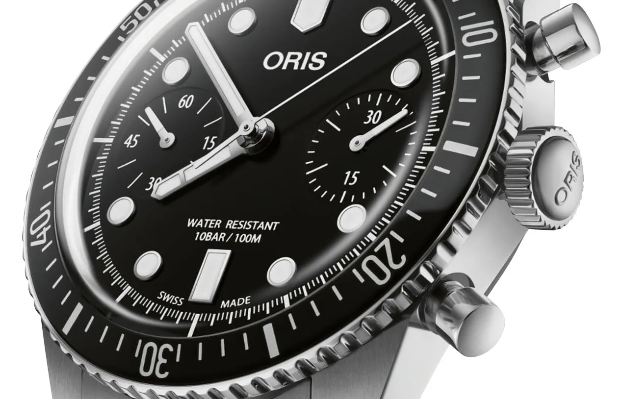 Oris Divers Sixty-Five Automatic Chronograph Stainless Steel Black Dial Black Leather Strap Mens Watch 771 7791 4054-LS