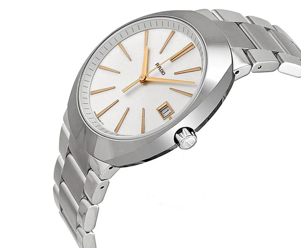 Rado D-Star XL Ceramos Quartz Analog Light Silver Dial Date Steel Men's Dress Watch R15943123