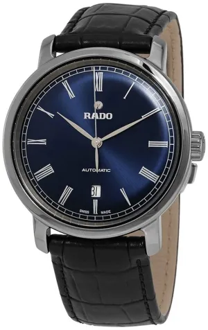 Rado DiaMaster Plasma Ceramic Blue Dial Date Black Leather Strap Automatic Mens Watch R14806206
