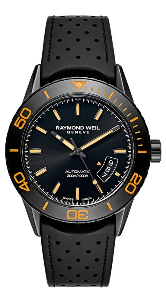Raymond Weil Freelancer Automatic Black PVD Black Dial Black Rubber Strap Date Divers Mens Watch 2760-SB2-20001