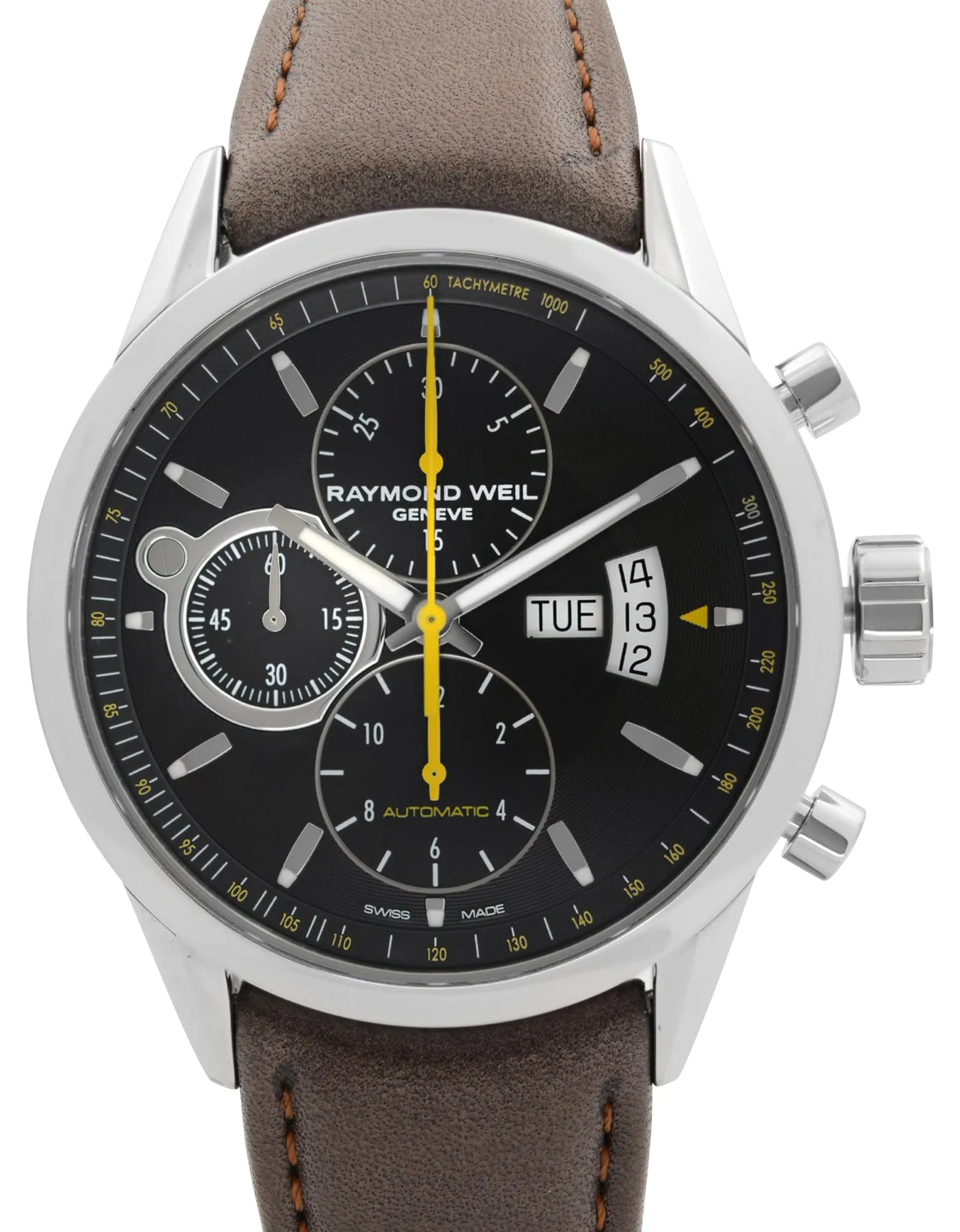 Raymond Weil Freelancer Automatic Chronograph Stainless Steel Black Dial Brown Leather Strap Day/Date Mens Watch 7730-STC-20021