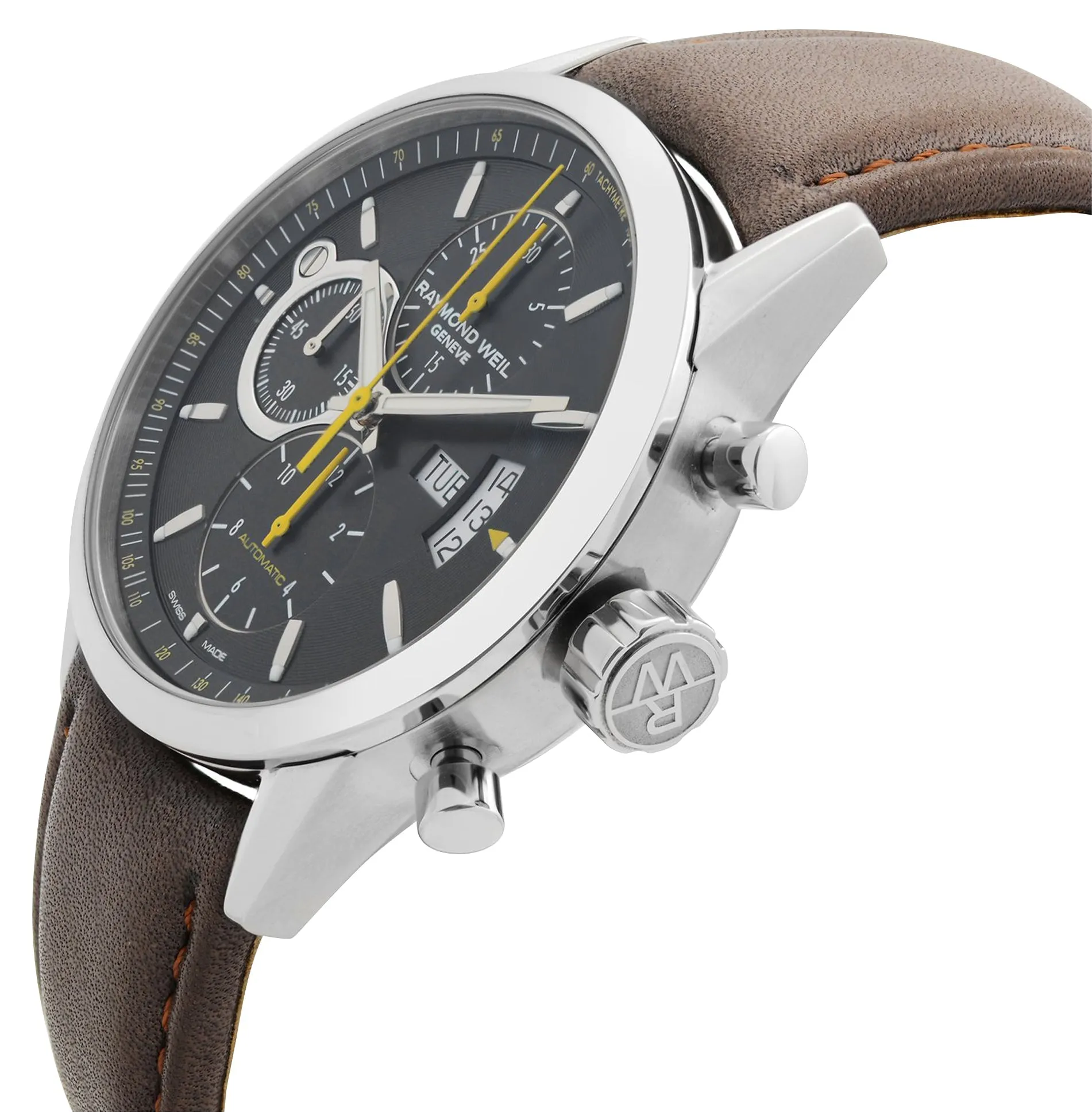 Raymond Weil Freelancer Automatic Chronograph Stainless Steel Black Dial Brown Leather Strap Day/Date Mens Watch 7730-STC-20021
