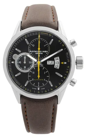 Raymond Weil Freelancer Automatic Chronograph Stainless Steel Black Dial Brown Leather Strap Day/Date Mens Watch 7730-STC-20021
