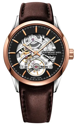 Raymond Weil Freelancer Automatic Two-Tone Stainless Steel Skeleton Dial Brown Leather Strap Mens Watch 2785-SC5-20001