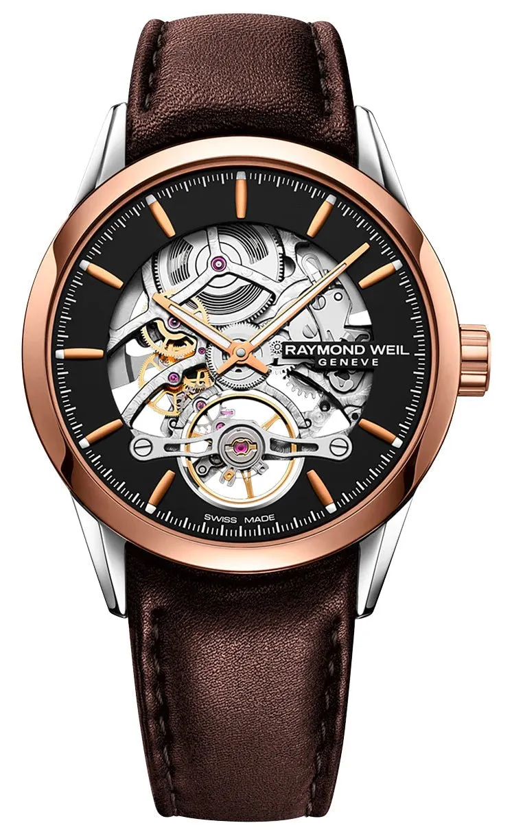 Raymond Weil Freelancer Automatic Two-Tone Stainless Steel Skeleton Dial Brown Leather Strap Mens Watch 2785-SC5-20001