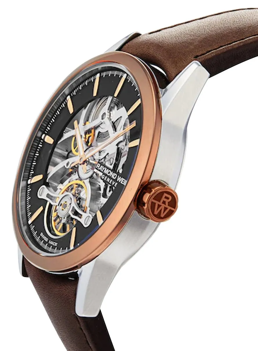 Raymond Weil Freelancer Automatic Two-Tone Stainless Steel Skeleton Dial Brown Leather Strap Mens Watch 2785-SC5-20001