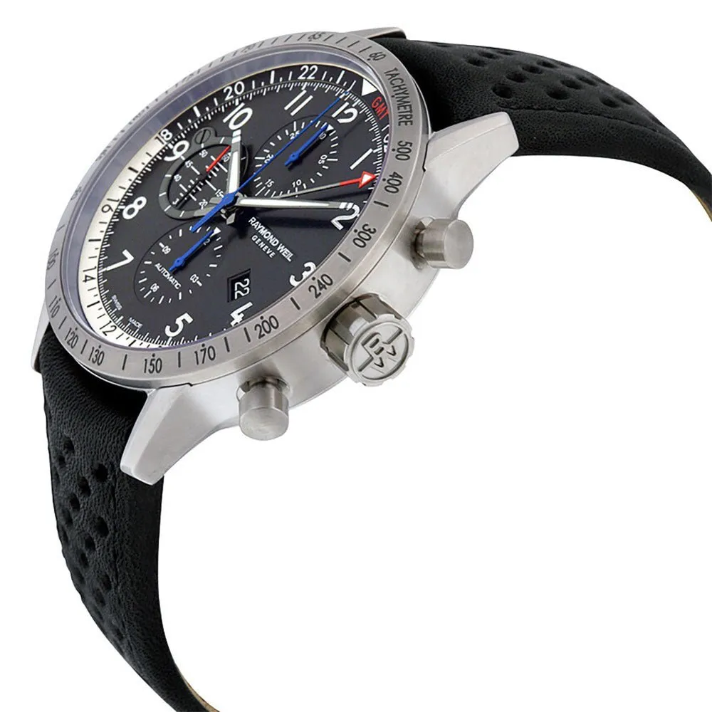 Raymond Weil Freelancer Piper Special Edition Automatic GMT Chronograph Titanium Date Black Leather Mens Watch 7754-TIC-05209