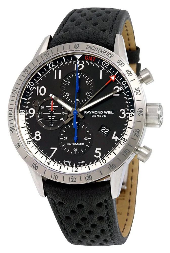 Raymond Weil Freelancer Piper Special Edition Automatic GMT Chronograph Titanium Date Black Leather Mens Watch 7754-TIC-05209