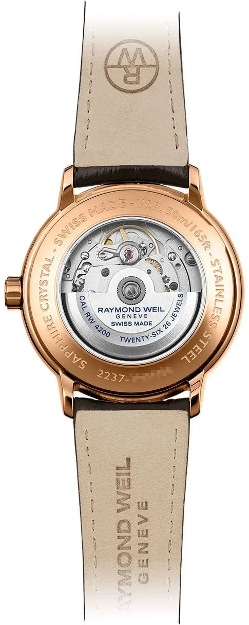 Raymond Weil Maestro Automatic Rose Gold PVD Silver Dial Brown Leather Strap Date Mens Watch 2237-PC5-65001