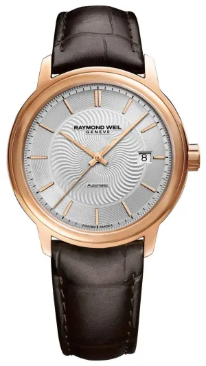 Raymond Weil Maestro Automatic Rose Gold PVD Silver Dial Brown Leather Strap Date Mens Watch 2237-PC5-65001
