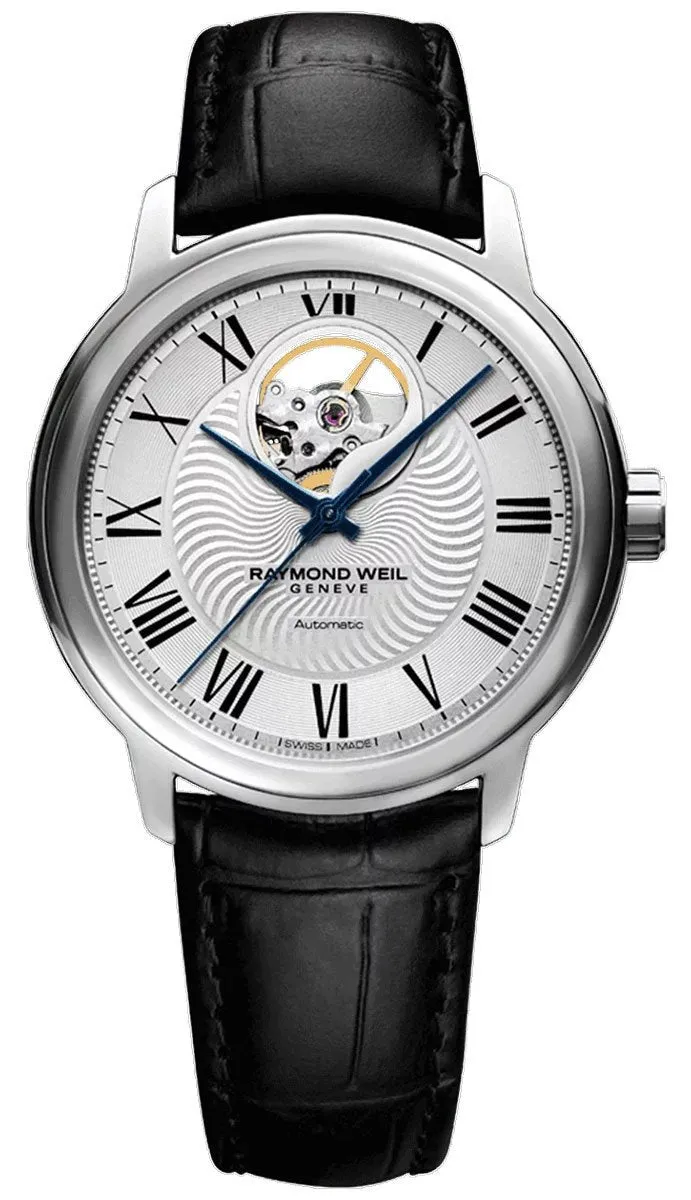Raymond Weil Maestro Automatic Stainless Steel Black Leather Strap Silver Dial Mens Watch 2227-STC-00659