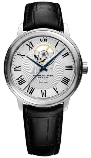 Raymond Weil Maestro Automatic Stainless Steel Black Leather Strap Silver Dial Mens Watch 2227-STC-00659