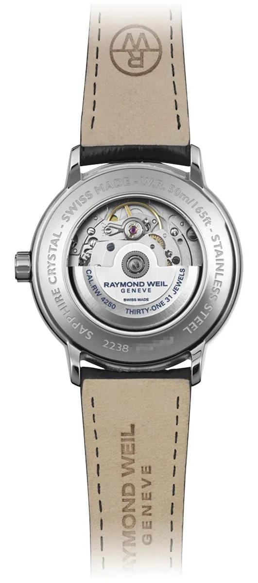 Raymond Weil Maestro Automatic Stainless Steel Blue Dial Black Leather Strap Date Mens Watch 2238-STC-50001
