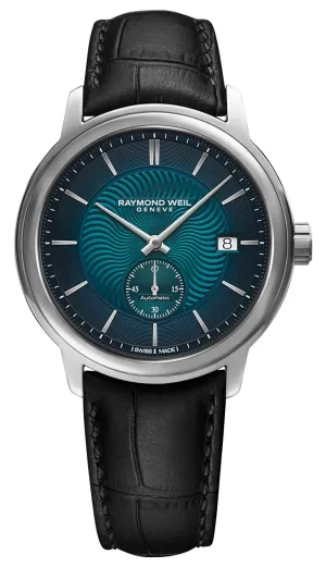 Raymond Weil Maestro Automatic Stainless Steel Blue Dial Black Leather Strap Date Mens Watch 2238-STC-50001