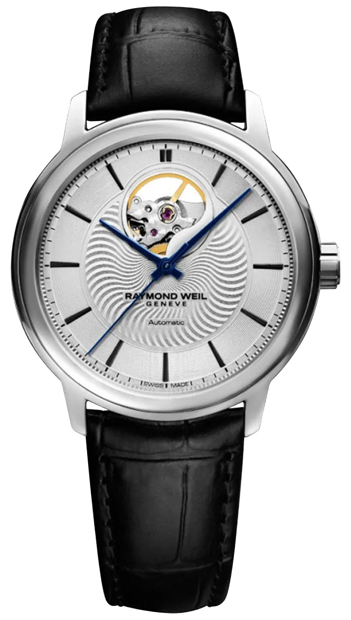 Raymond Weil Maestro Automatic Stainless Steel Silver Dial Black Leather Strap Mens Watch 2227-STC-65001