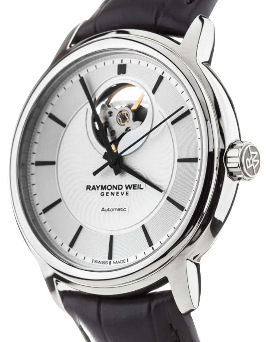 Raymond Weil Maestro Automatic Stainless Steel Silver Dial Black Leather Strap Mens Watch 2227-STC-65001