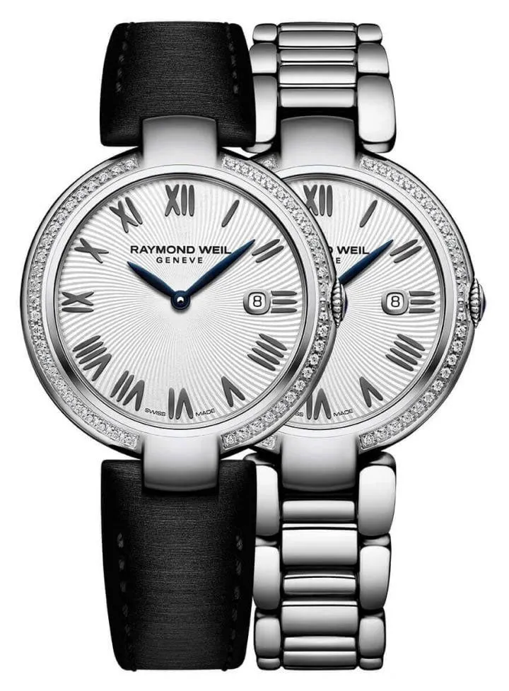 Raymond Weil Shine Stainless Steel Diamonds Silver-Tone Dial Interchangeable Black Satin Strap Date Quartz Womens Watch 1600-STS-00659