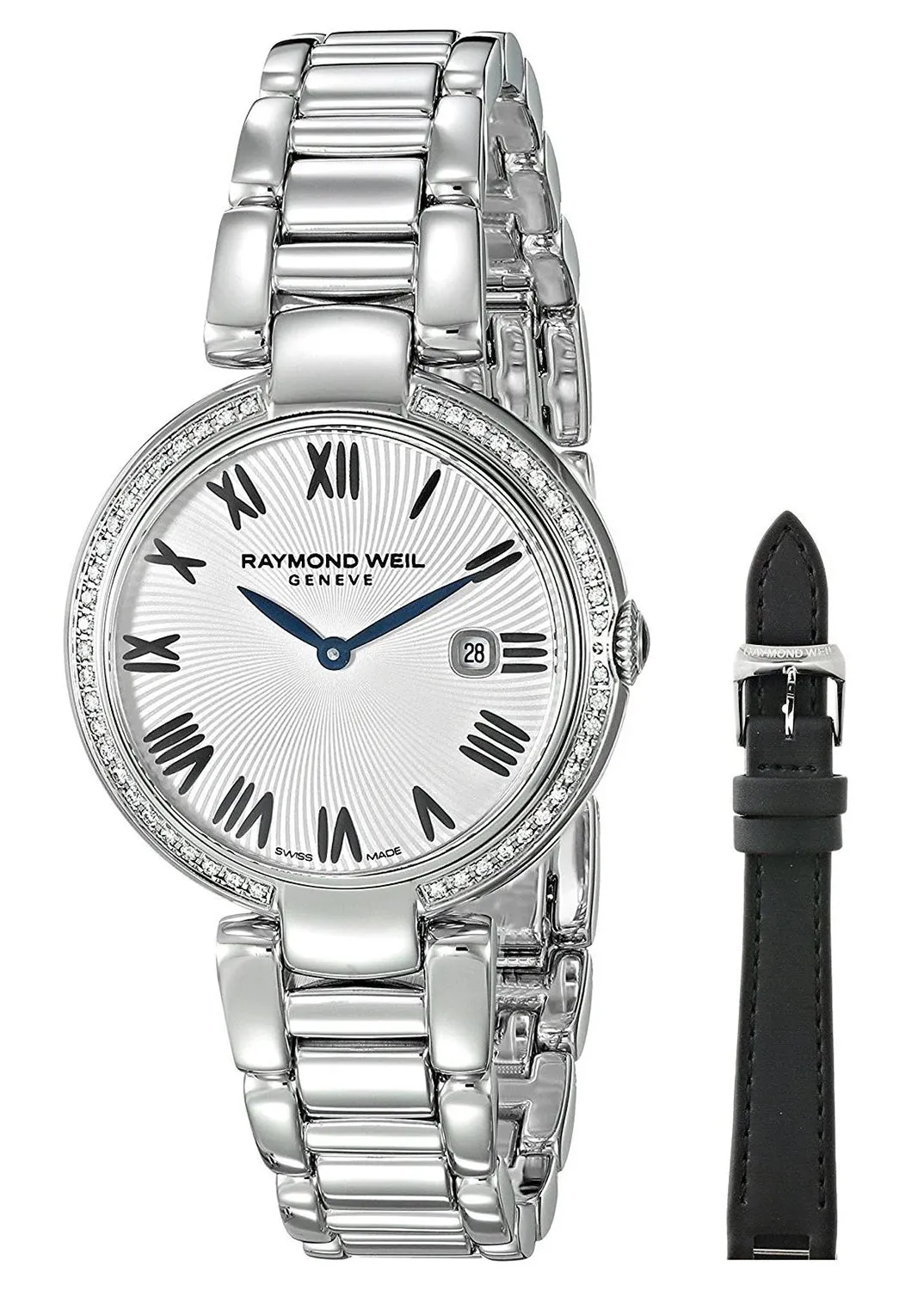 Raymond Weil Shine Stainless Steel Diamonds Silver-Tone Dial Interchangeable Black Satin Strap Date Quartz Womens Watch 1600-STS-00659