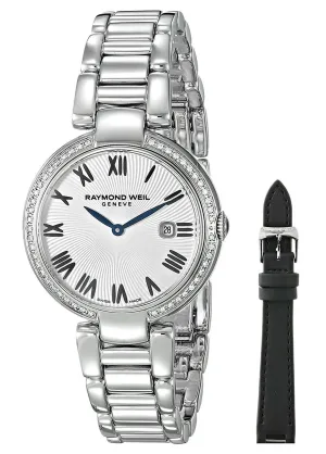 Raymond Weil Shine Stainless Steel Diamonds Silver-Tone Dial Interchangeable Black Satin Strap Date Quartz Womens Watch 1600-STS-00659