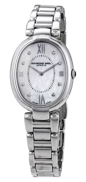 Raymond Weil Shine Stainless Steel Oval Case Diamonds Mother-of-Pearl Dial Interchangeable Black Satin Strap Quartz Womens Watch 1700-ST-00995