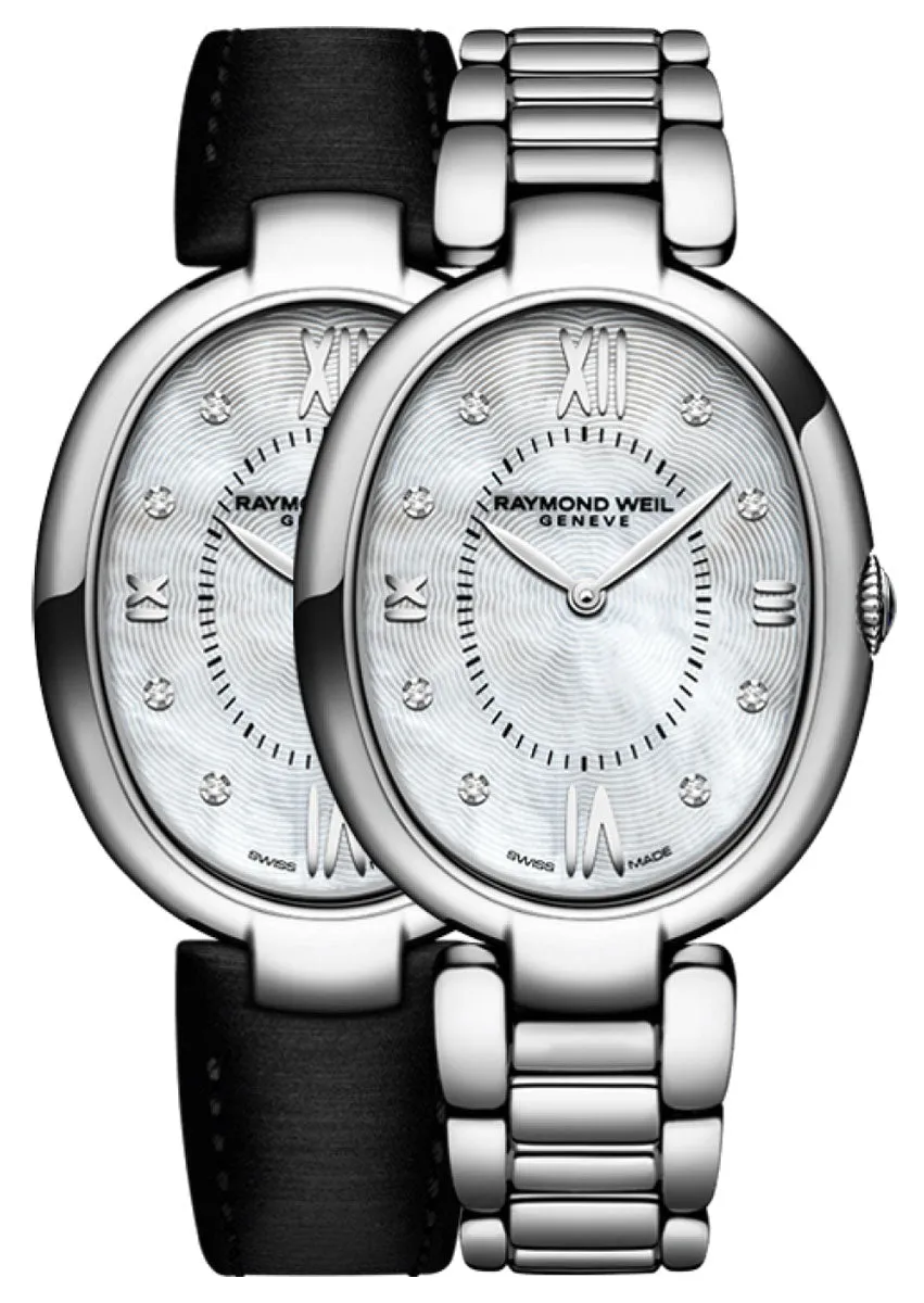 Raymond Weil Shine Stainless Steel Oval Case Diamonds Mother-of-Pearl Dial Interchangeable Black Satin Strap Quartz Womens Watch 1700-ST-00995