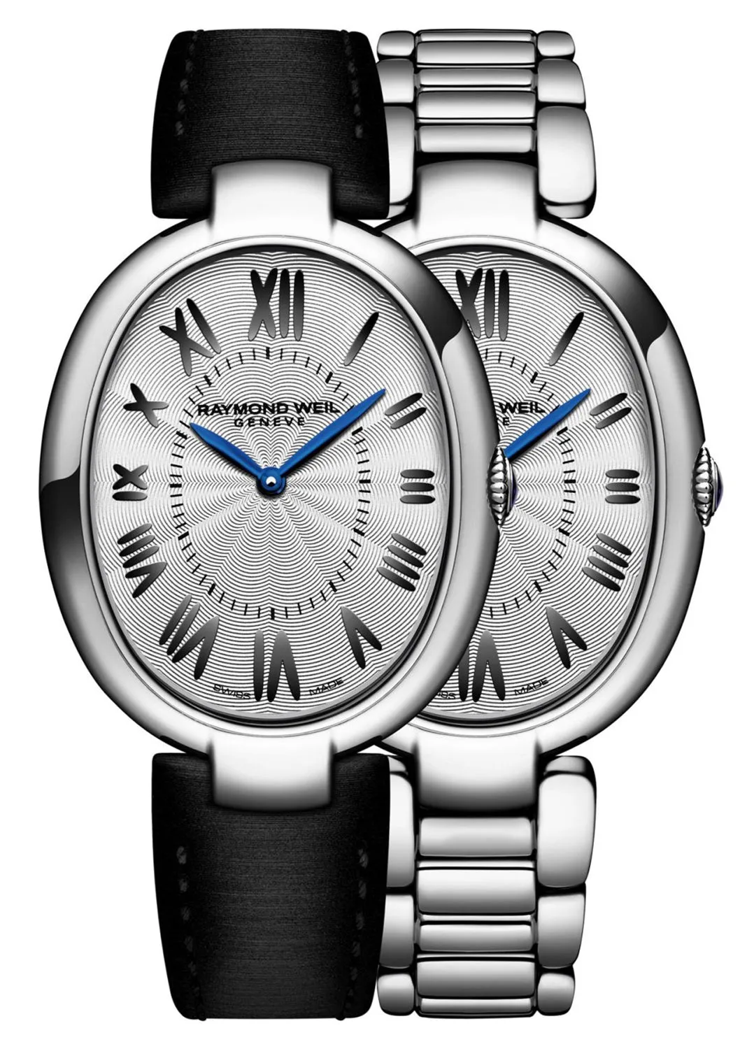 Raymond Weil Shine Stainless Steel Oval Case Silver-Tone Dial Interchangeable Black Satin Strap Quartz Womens Watch 1700-ST-00659