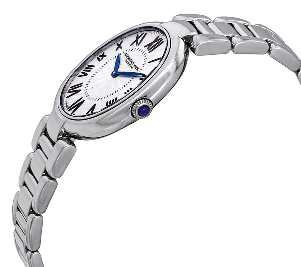 Raymond Weil Shine Stainless Steel Oval Case Silver-Tone Dial Interchangeable Black Satin Strap Quartz Womens Watch 1700-ST-00659