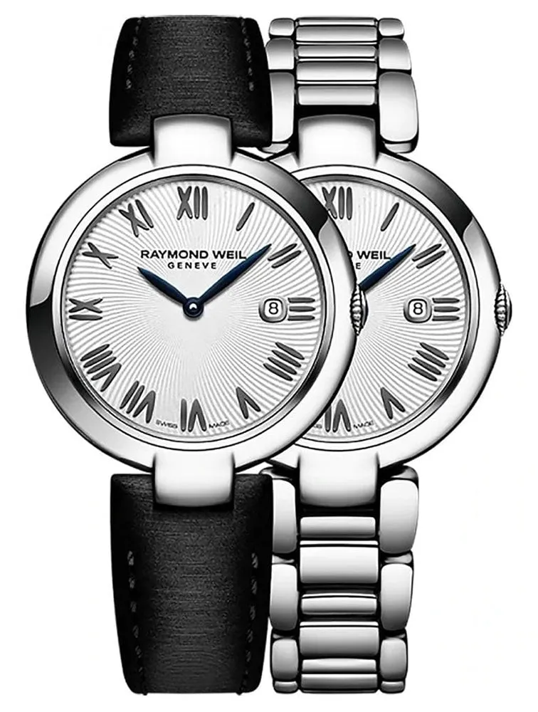 Raymond Weil Shine Stainless Steel Silver-Tone Dial Interchangeable Black Satin Strap Date Quartz Womens Watch 1600-ST-00659