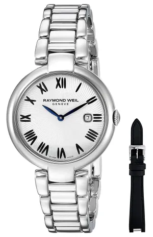 Raymond Weil Shine Stainless Steel Silver-Tone Dial Interchangeable Black Satin Strap Date Quartz Womens Watch 1600-ST-00659