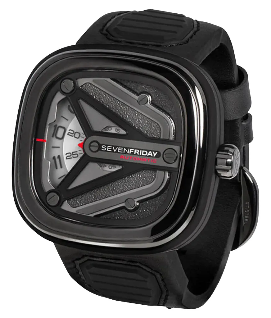 SEVENFRIDAY M-Series Spaceship Automatic Gunmetal PVD Gray Dial Black Leather Strap Mens Watch M3/01