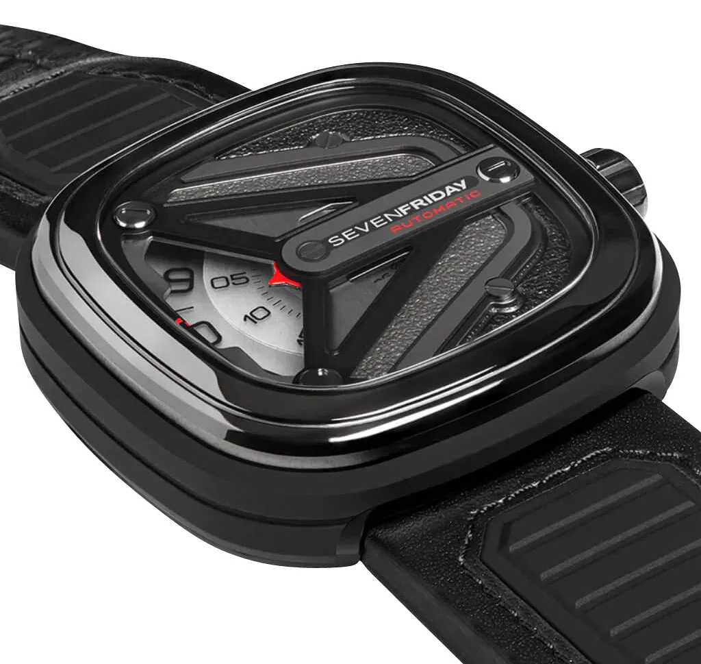 SEVENFRIDAY M-Series Spaceship Automatic Gunmetal PVD Gray Dial Black Leather Strap Mens Watch M3/01