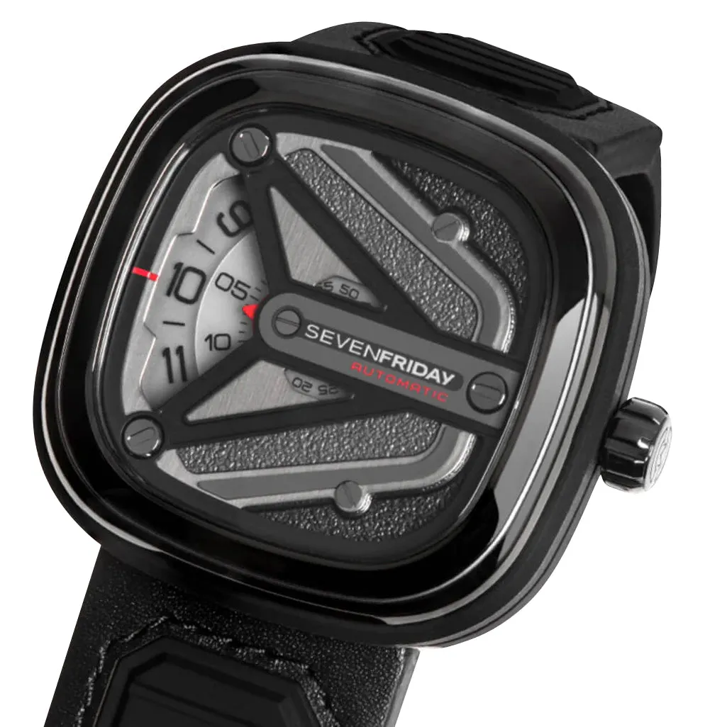 SEVENFRIDAY M-Series Spaceship Automatic Gunmetal PVD Gray Dial Black Leather Strap Mens Watch M3/01
