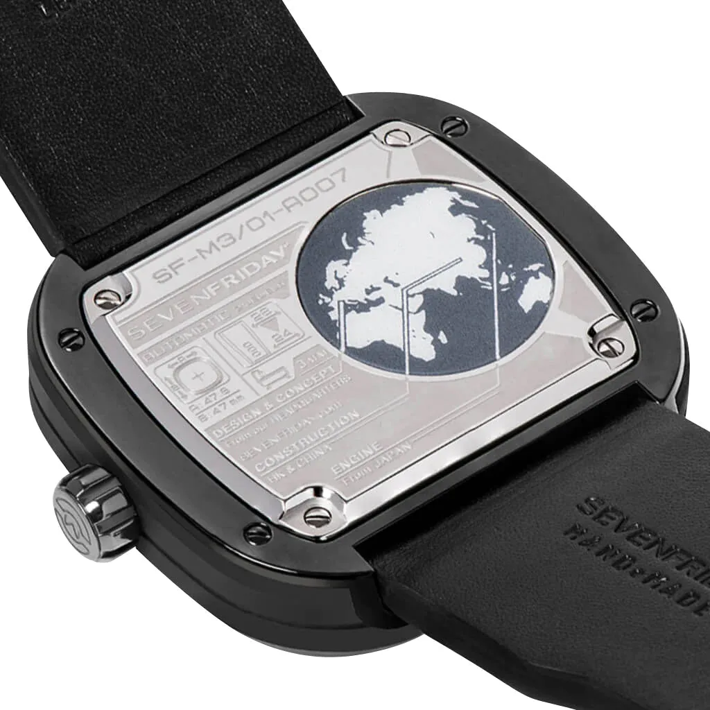 SEVENFRIDAY M-Series Spaceship Automatic Gunmetal PVD Gray Dial Black Leather Strap Mens Watch M3/01