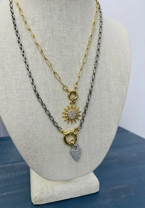 Silver & Gold Plated Mixed Metal CZ Pave Heart Charm Necklace