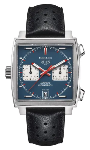 TAG Heuer Monaco Automatic Chronograph Stainless Steel Blue Dial Black Leather Strap Date Mens Watch CAW211P.FC6356