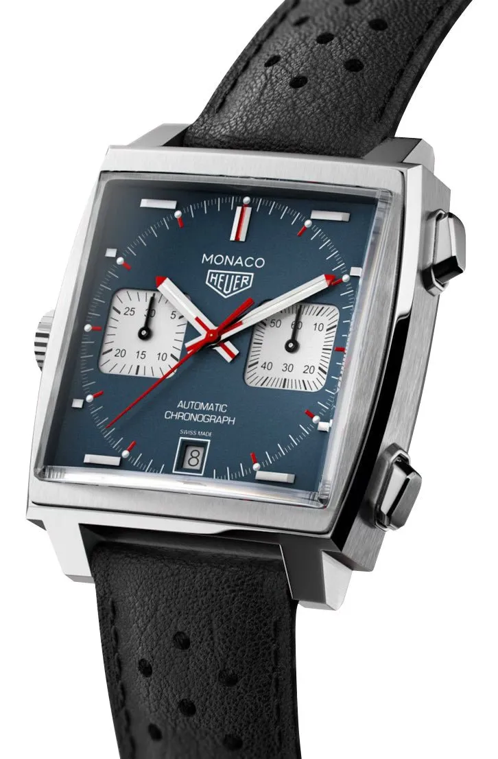 TAG Heuer Monaco Automatic Chronograph Stainless Steel Blue Dial Black Leather Strap Date Mens Watch CAW211P.FC6356