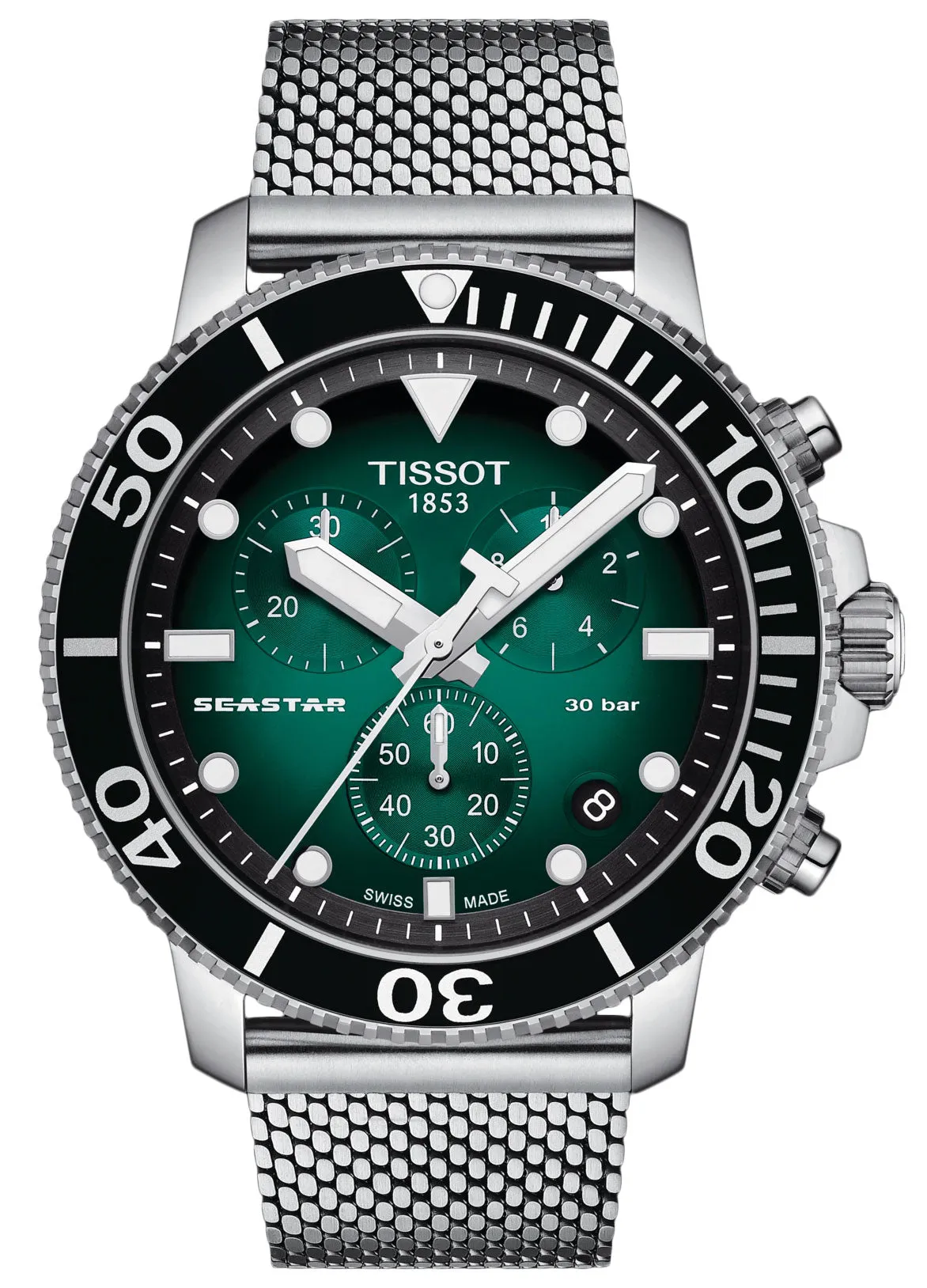 Tissot T-Sport Seastar 1000 Chronograph Stainless Steel Mesh Green Dial Date Divers Quartz Mens Watch T120.417.11.091.00
