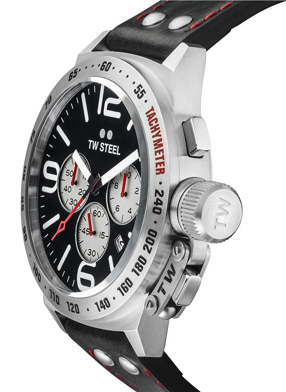 TW Steel Canteen Chronograph Stainless Steel Black Leather Strap Black Dial Date Quartz Mens Watch CS7