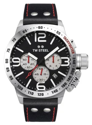 TW Steel Canteen Chronograph Stainless Steel Black Leather Strap Black Dial Date Quartz Mens Watch CS7