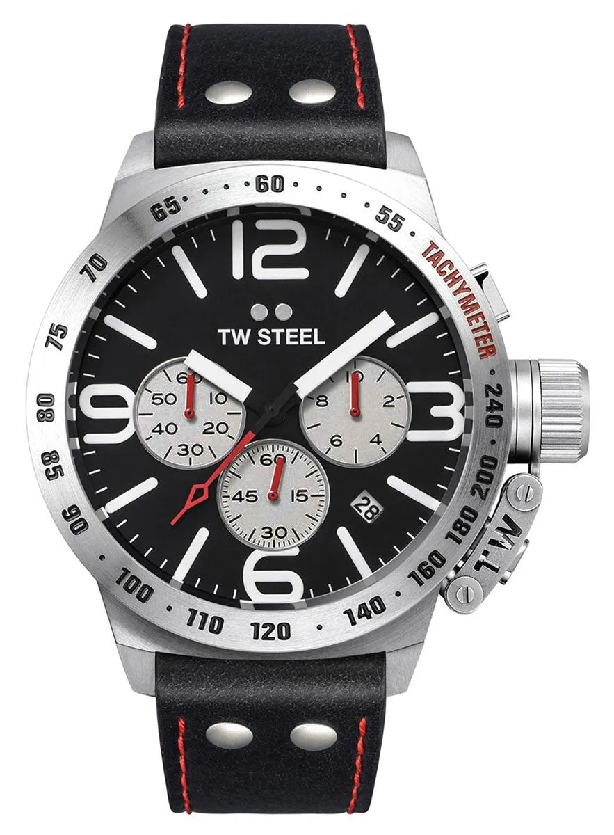TW Steel Canteen Chronograph Stainless Steel Black Leather Strap Black Dial Date Quartz Mens Watch CS7