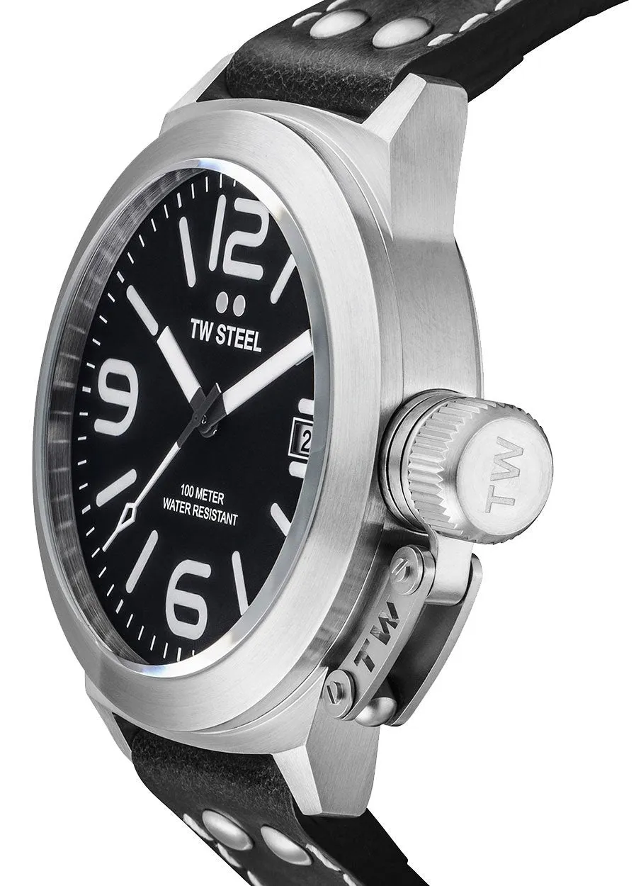 TW Steel Canteen Stainless Steel Black Leather Strap Black Dial Date Quartz Mens Watch CS1