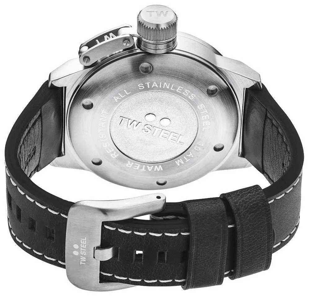TW Steel Canteen Stainless Steel Black Leather Strap Black Dial Date Quartz Mens Watch CS1