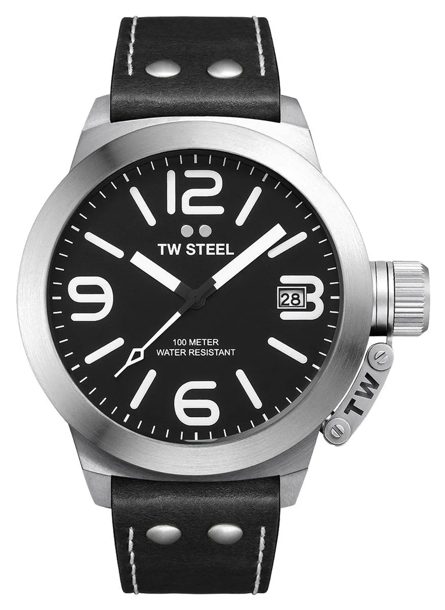 TW Steel Canteen Stainless Steel Black Leather Strap Black Dial Date Quartz Mens Watch CS1