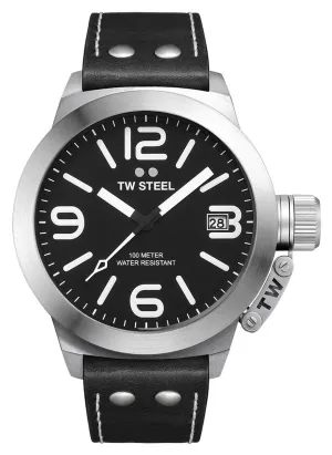 TW Steel Canteen Stainless Steel Black Leather Strap Black Dial Date Quartz Mens Watch CS1