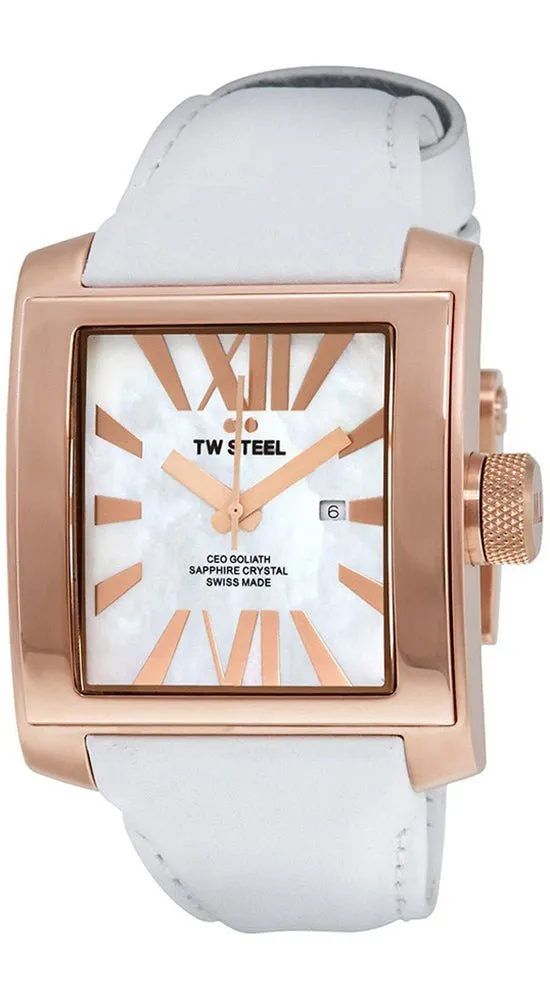 TW Steel CEO Goliath Rose Gold PVD Stainless Steel White Leather Quartz Date Mother of Pearl Dial Unisex Watch CE3016